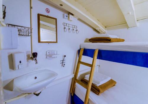 扎达尔Rhythm Floating Hostel - Zadar的船上带水槽和梯子的浴室