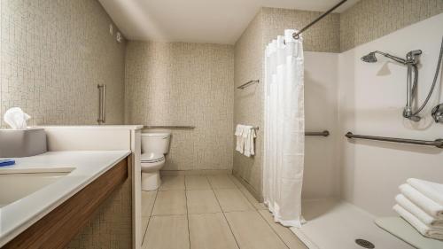 PlattevilleHoliday Inn Express & Suites Platteville, an IHG Hotel的带淋浴、浴缸和卫生间的浴室