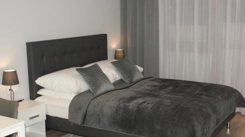 斯维诺乌伊希切Apartament Agata的卧室设有黑白床和窗户。
