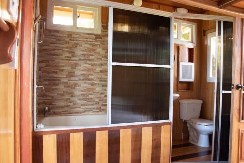 特拉Hilamito Lodge的一间带窗户、浴缸和卫生间的浴室
