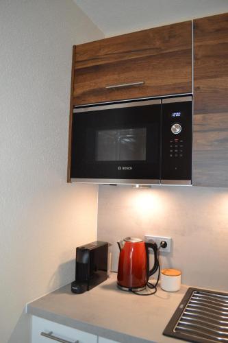 卡尔斯鲁厄Business Wohnung zur Kurzzeitmiete für Geschäftsreisende的厨房配有微波炉和台面上的茶壶