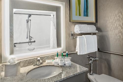 沃思堡Holiday Inn Express Hotel and Suites Fort Worth/I-20的一间带水槽和镜子的浴室