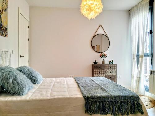 桑坦德apartamento La Coqueta的一间卧室配有一张大床和镜子