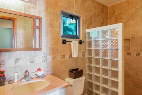 里瓦斯Villas Iguana A-2 Beachfront Condo的一间带水槽、卫生间和镜子的浴室
