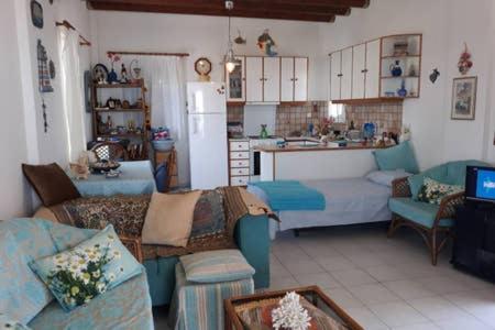 德里奥斯Village house in Paros的带沙发的客厅和厨房