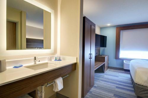 北普拉特Holiday Inn Express & Suites North Platte, an IHG Hotel的一间带水槽、床和镜子的浴室