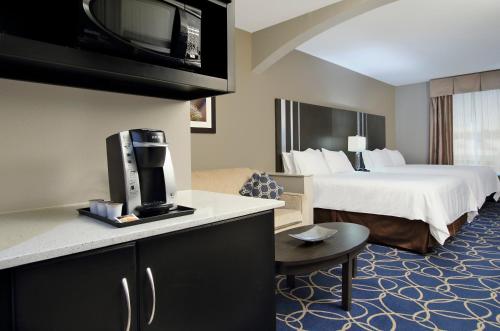 休斯顿北休斯敦智选假日套房酒店 - IAH地区的一间酒店客房,配有一张床和一台电视
