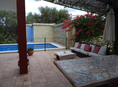 贝纳卢普-卡萨斯维耶哈斯Las Lagunetas del sur的一个带沙发和桌子的庭院和一个游泳池