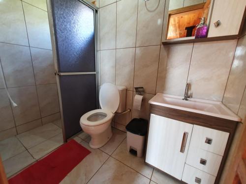 邦雅尔丁-达塞拉Paraíso Dos Cânions的浴室配有卫生间、盥洗盆和淋浴。