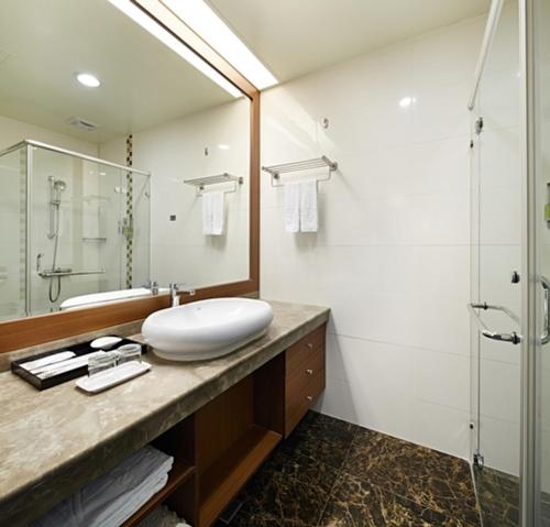 嘉义市冠阁商务大饭店的浴室配有白色水槽和淋浴。