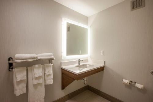 圣约翰圣约翰港边智选假日套房酒店 的浴室配有盥洗盆、镜子和毛巾