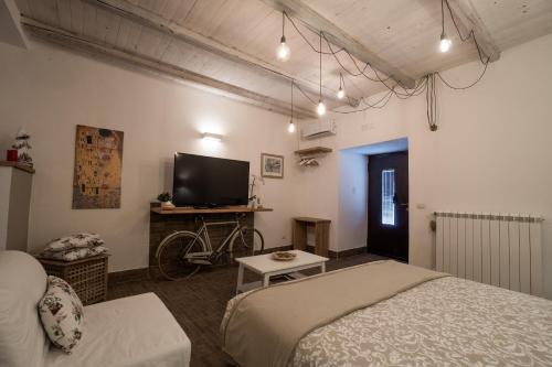Aci BonaccorsiB&B La Casetta的一间卧室配有床、电视和自行车