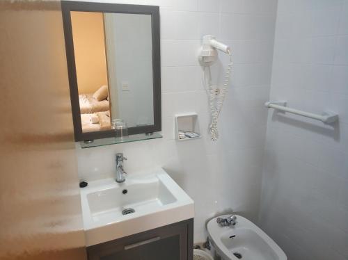 布尔戈斯Hostal Restaurante Iruñako的一间带水槽、镜子和卫生间的浴室