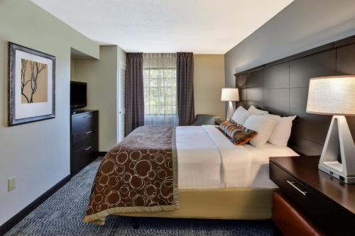 路易斯威尔路易斯维尔东宿之桥套房酒店的酒店客房设有一张大床和一台电视。