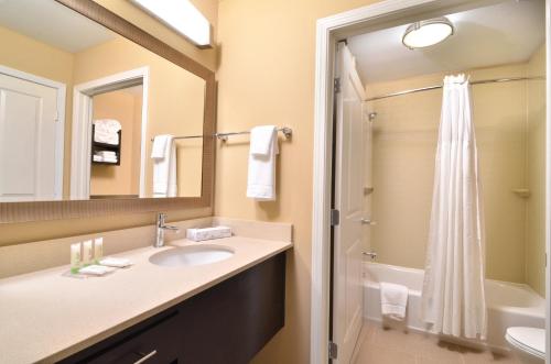 汤博尔托姆伯尔驻桥套房假日酒店的一间带水槽、镜子和淋浴的浴室