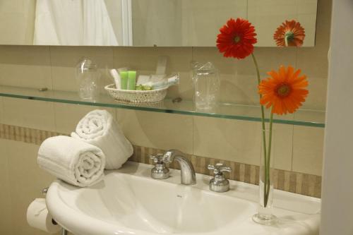 布宜诺斯艾利斯征服者酒店的浴室水槽,花瓶里放着花