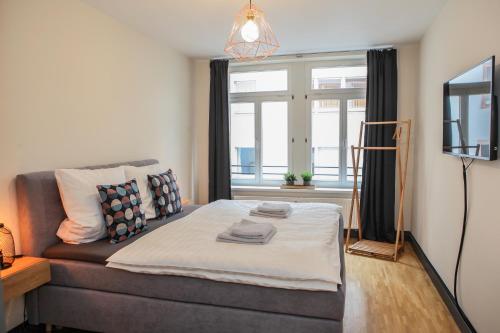 莱比锡Sleepwell Apartment - Klostersuite的一间带沙发、电视和窗户的卧室