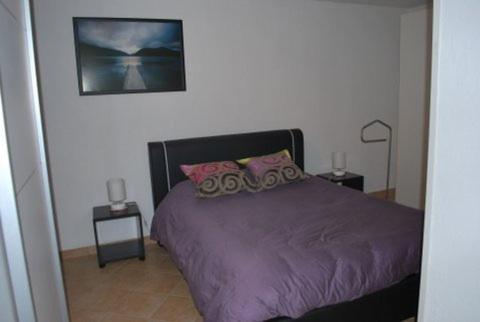 鲁法克切斯阿尔佛雷德与雷吉娜度假屋的一间卧室配有一张带2晚台的紫色床