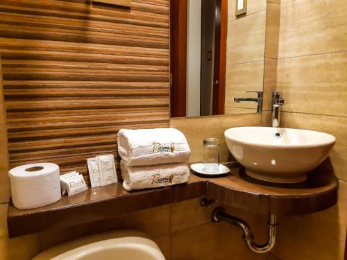 塔克纳Retama Hotel的一间带水槽、卫生间和镜子的浴室