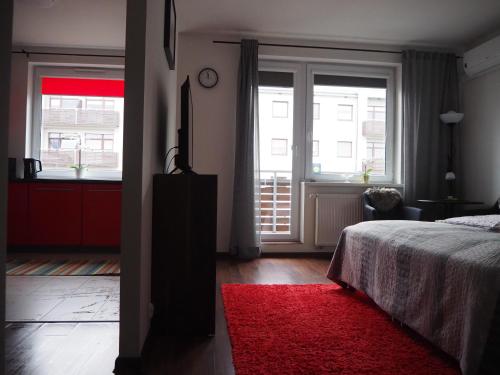 皮拉Szybowników 2的一间卧室配有一张床和红色地毯