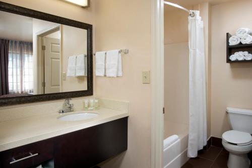 默特尔比奇默特尔比奇-梦幻港驻桥套房假日酒店的一间带水槽、卫生间和镜子的浴室