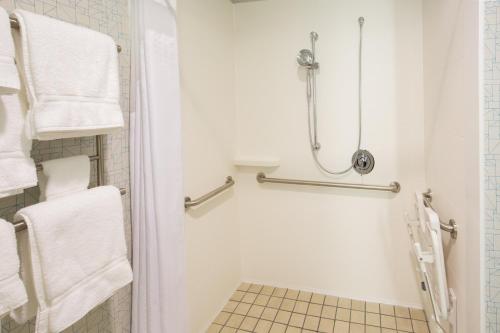 帕伦普帕朗假日套房酒店的带淋浴、卫生间和毛巾的浴室