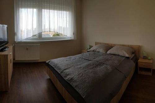 科马罗姆Chill Apartman的一间卧室设有一张大床和一个窗户。