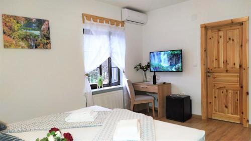 PrijebojPlitvice Streaming的一间卧室配有一张床、一张书桌和一台电视