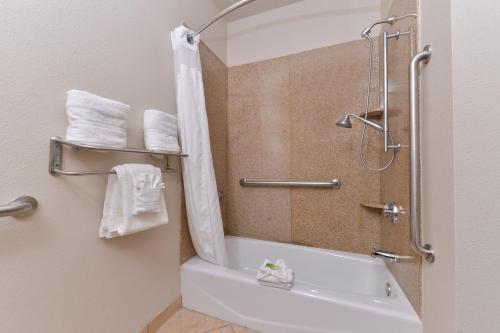 谢尔曼快捷假日酒店及套房-谢尔曼公路75号的浴室配有浴缸、淋浴和毛巾。