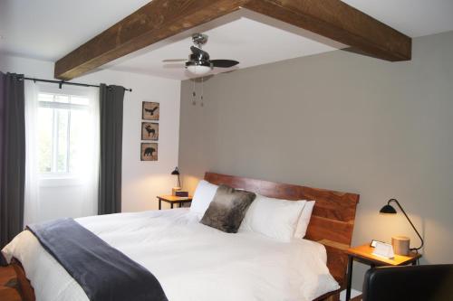 瓦尔达维德Restaurant et Gite Les Passionnés的卧室配有白色的床和吊扇