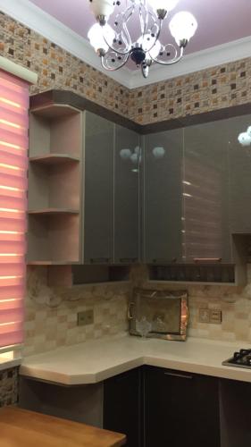 巴库哈萨诺维斯别墅酒店的厨房配有黑色橱柜和吊灯。