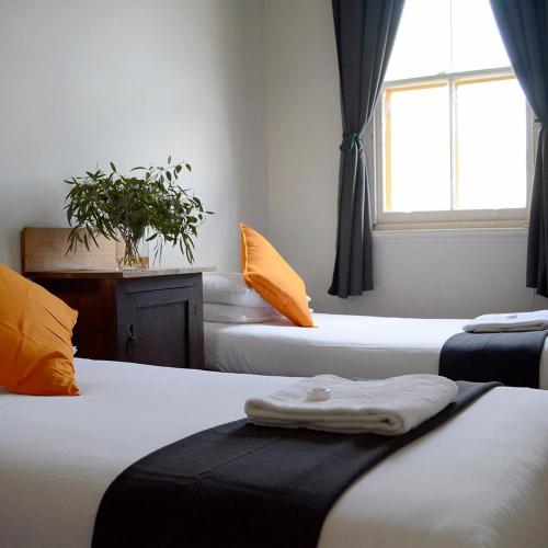 TemoraShamrock Hotel Motel Temora的客房设有3张带橙色枕头的床和窗户。