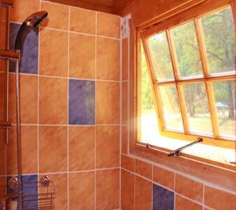VaylatsLes yourtes de Bascot的带淋浴的浴室和窗户。