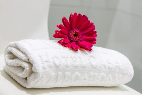 卡利Hotel Casa Vallecaucana的白毛巾上方的粉红色花朵