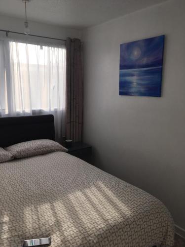 赫姆斯比127 - 2 Bed Deluxe Chalet, Belle Aire, Beach Road, Hemsby, Norfolk, NR29 4HZ的一间卧室设有一张床和一个窗口