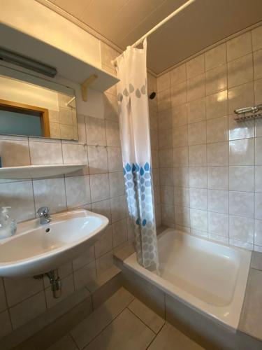 皮尔纳Holzhaus "Miri"的浴室配有盥洗盆和浴缸。