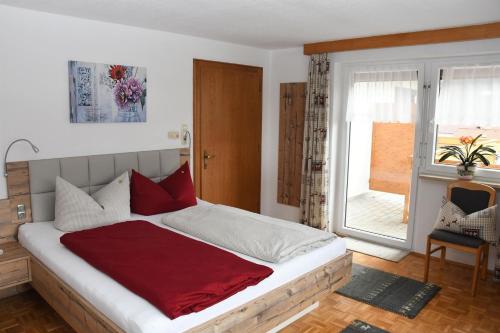 HöfenFerienwohnung Dreer的一间卧室配有一张带红色枕头的床和一扇窗户