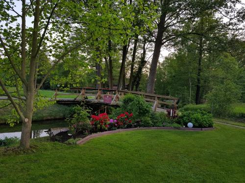 KolonieFerienwohnung Wasserlilie的一座鲜花盛开的河上的桥梁和公园