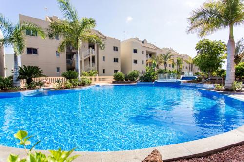 滨海帕尔姆Laderas del Palmar的一座大型游泳池,在一座建筑前种有棕榈树