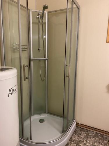 奥特然IMA Tursenter的浴室里设有玻璃门淋浴