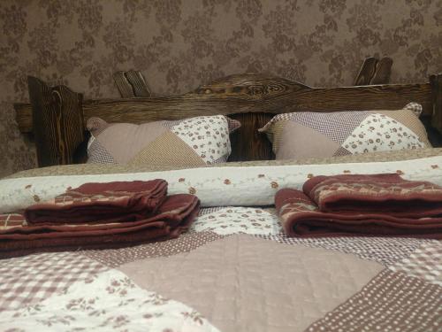 利沃夫Magnificent apartment in Central Lviv的床上配有毯子和枕头