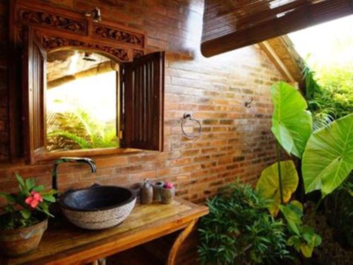 WatukarungBatu Hill Villa的浴室设有水槽、镜子和植物