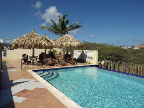 棕榈滩阿鲁巴昆库公寓式酒店的一个带两把稻草遮阳伞的游泳池和一个度假村