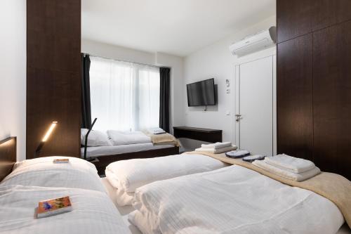 维也纳Gabriel´s Apartments的酒店客房设有两张床和电视。
