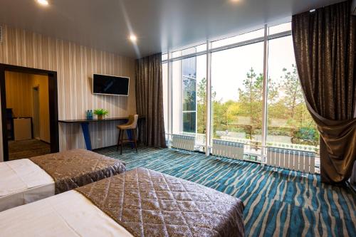 布拉戈维申斯克德鲁日巴酒店的酒店客房设有两张床和大窗户。