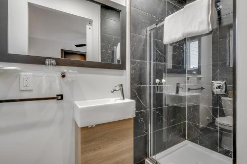 莱维斯雷维斯汽车旅馆的浴室配有盥洗盆和带镜子的淋浴