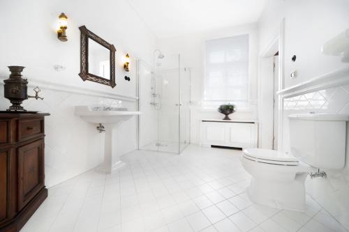 比亚沃维耶扎卡斯齐公寓的白色的浴室设有卫生间和水槽。