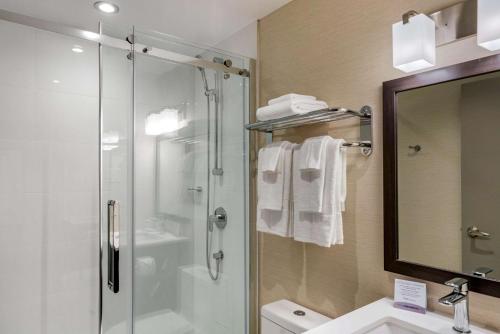 蒙特利尔欧皮恩酒店的带淋浴、卫生间和盥洗盆的浴室