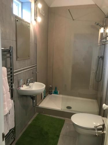 霍舍姆Kristina's Coach House的浴室配有盥洗盆、卫生间和浴缸。