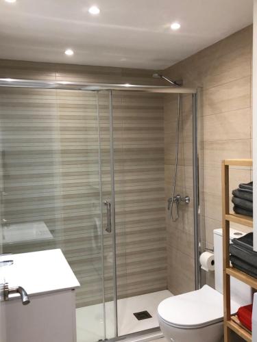 贝纳尔马德纳Victoria luxury beachfront apartment in Benalmadena Costa的带淋浴、卫生间和盥洗盆的浴室